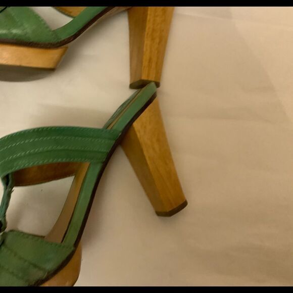 Frye Leather Platform Sandals Heels SZ 7.5 Green Brown Logo Open Toe - Picture 3 of 11